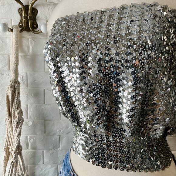 Vintage 1970s Disco Metallic Silver Sequin Tube Top - Picture 5 of 11